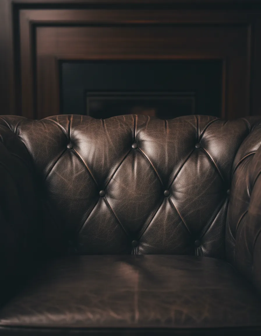 Macro photography of tufted leather armchairs in a dimly lit, exclusive lounge environment