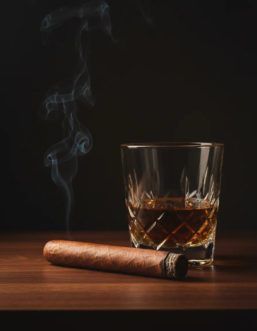 Macro photography of a curated whiskey and cigar pairing in warm ambient lighting
