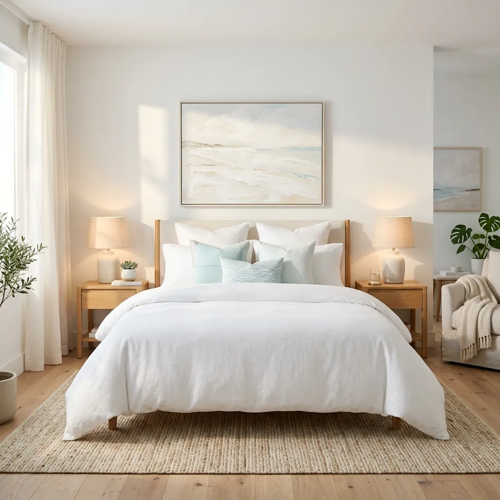 Dormitorio impecable y luminoso con sábanas blancas limpias y luz natural cálida