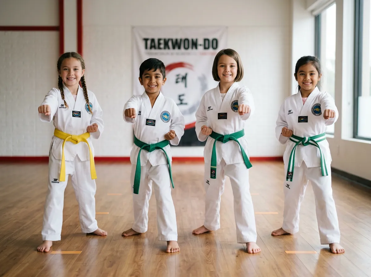 Happy smiling children training together in clean white Taekwon-Do uniforms