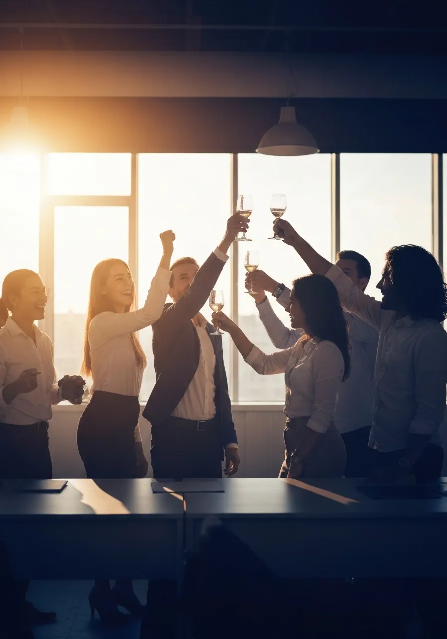 A triumphant team celebrating a major breakthrough in a sunlit modern office.