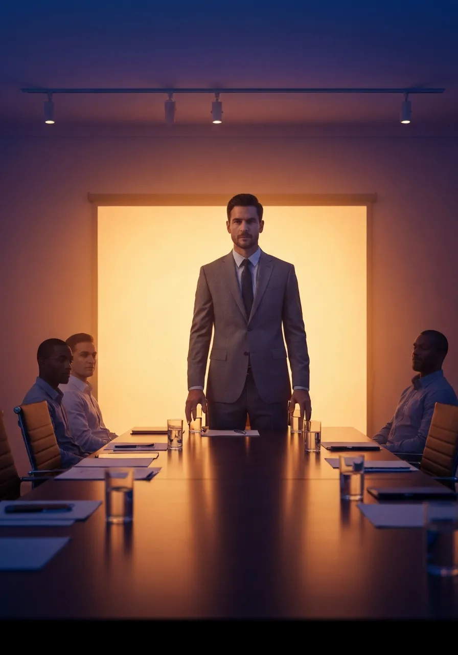 A dynamic leader commanding attention in a high-stakes meeting.