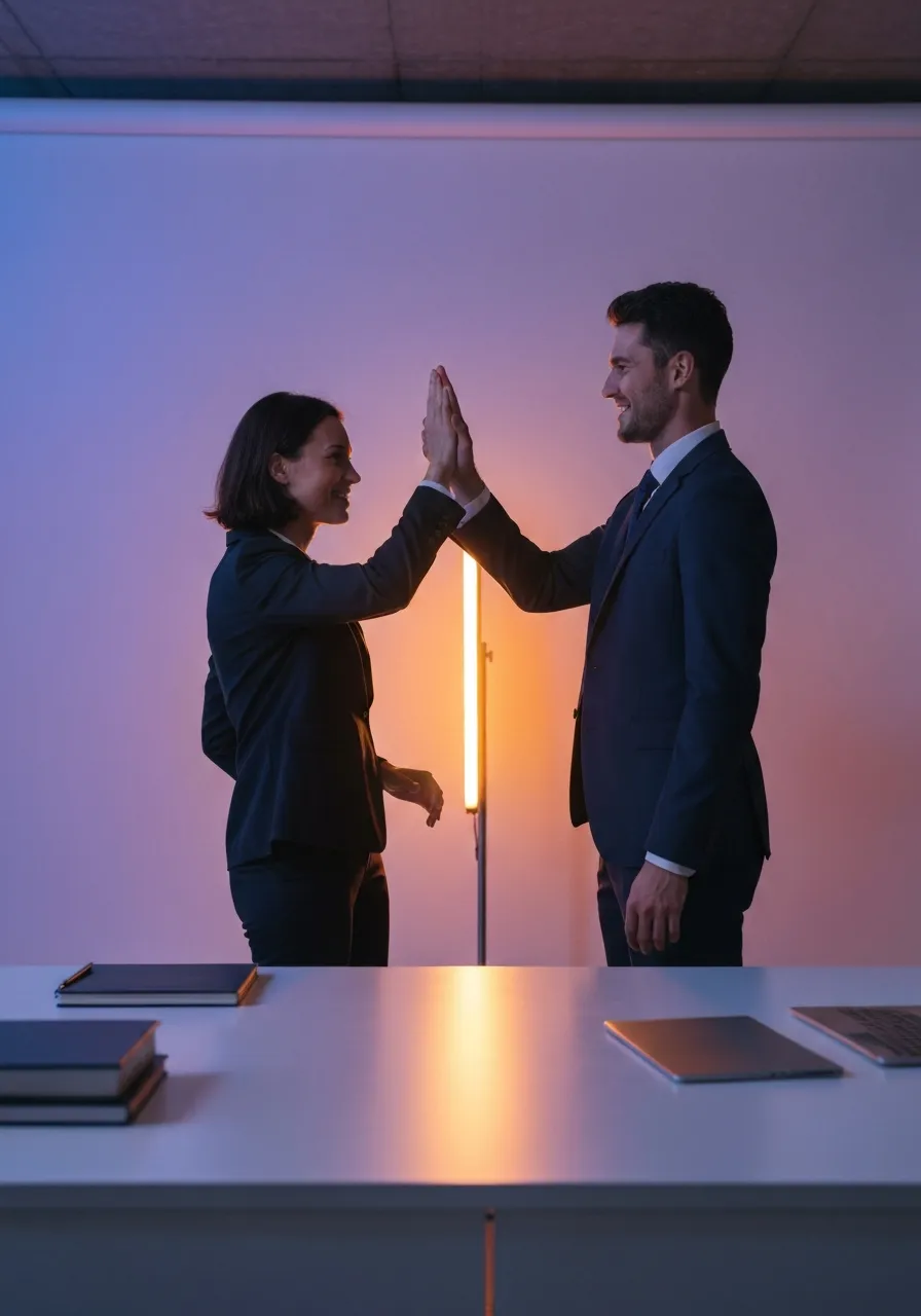 A confident professional closing a significant deal in a brightly lit room.