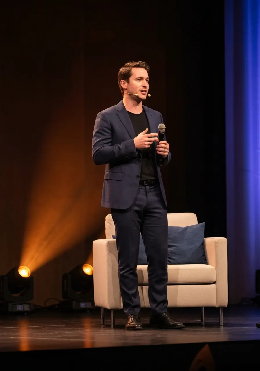 An engaging speaker sharing insights with an attentive audience, illuminated by warm light.