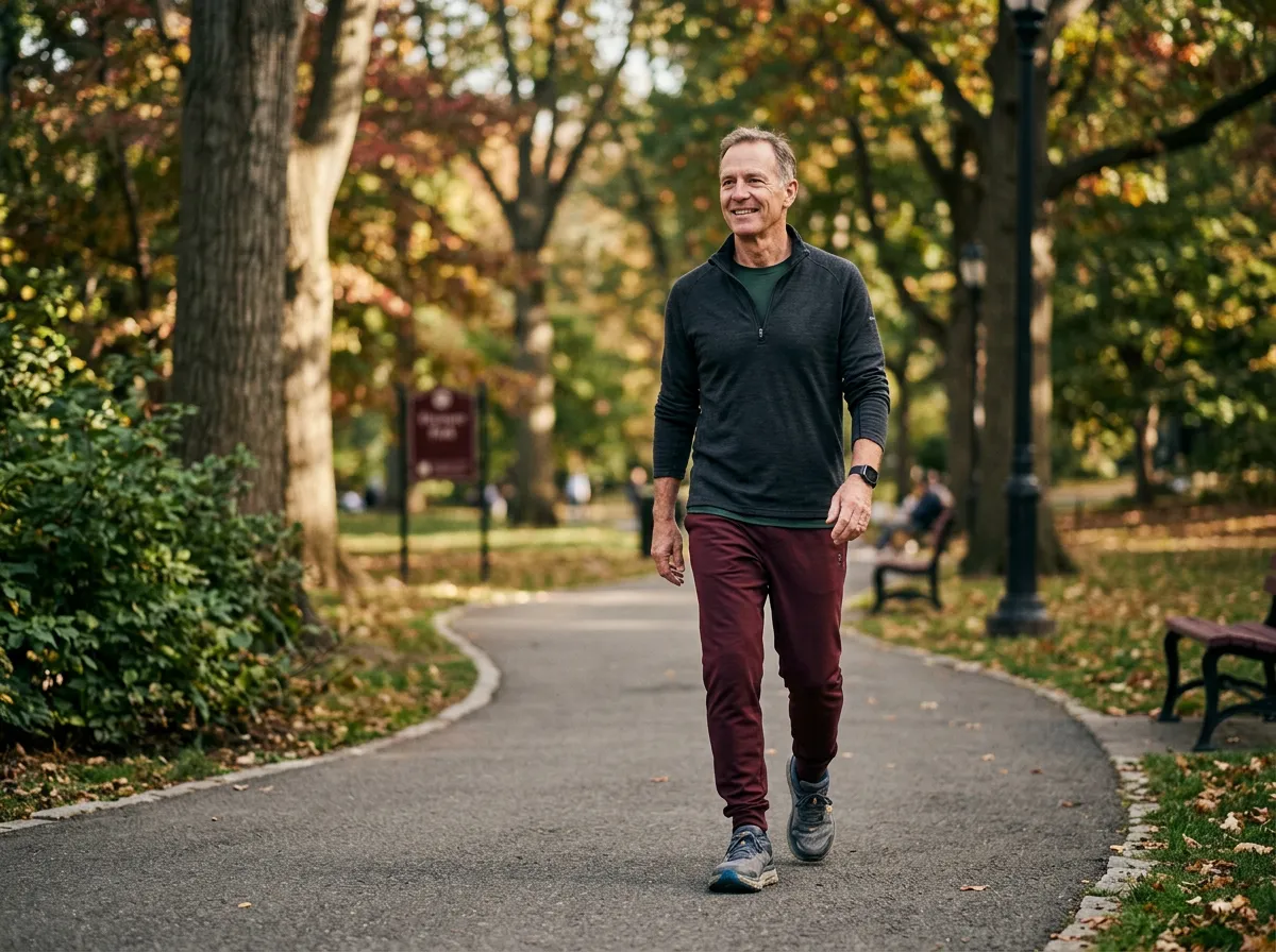 Everyday active midlife man walking outdoors, premium wellness lifestyle image