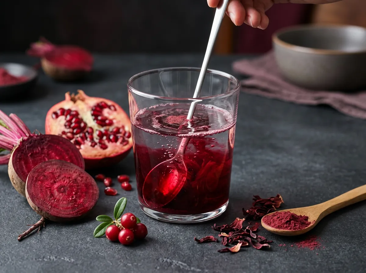 Powdered beet drink mix being stirred into water