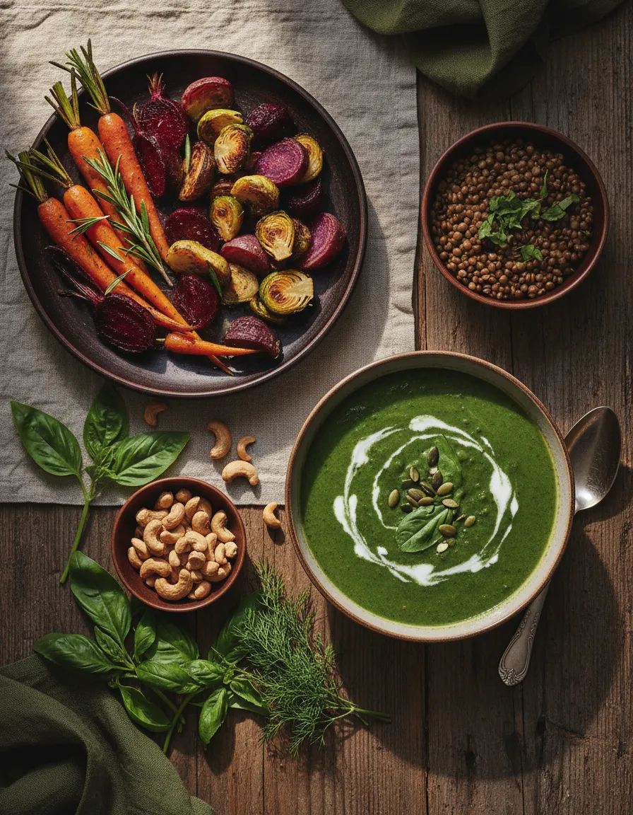 Flat lay of plant-based dishes including spinach soup, lentils, cashews, and fresh herbs