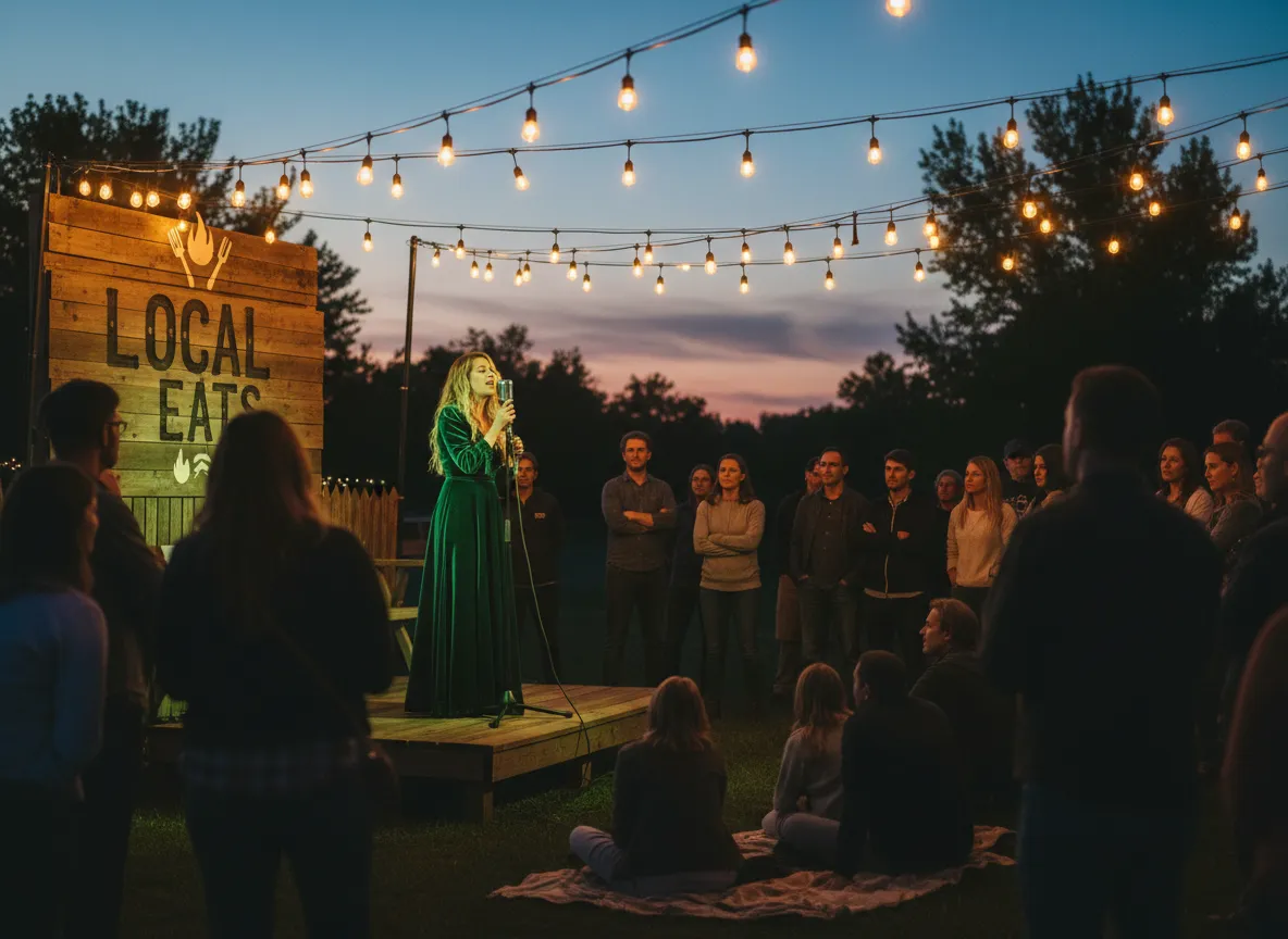 Singer performing on small festival stage