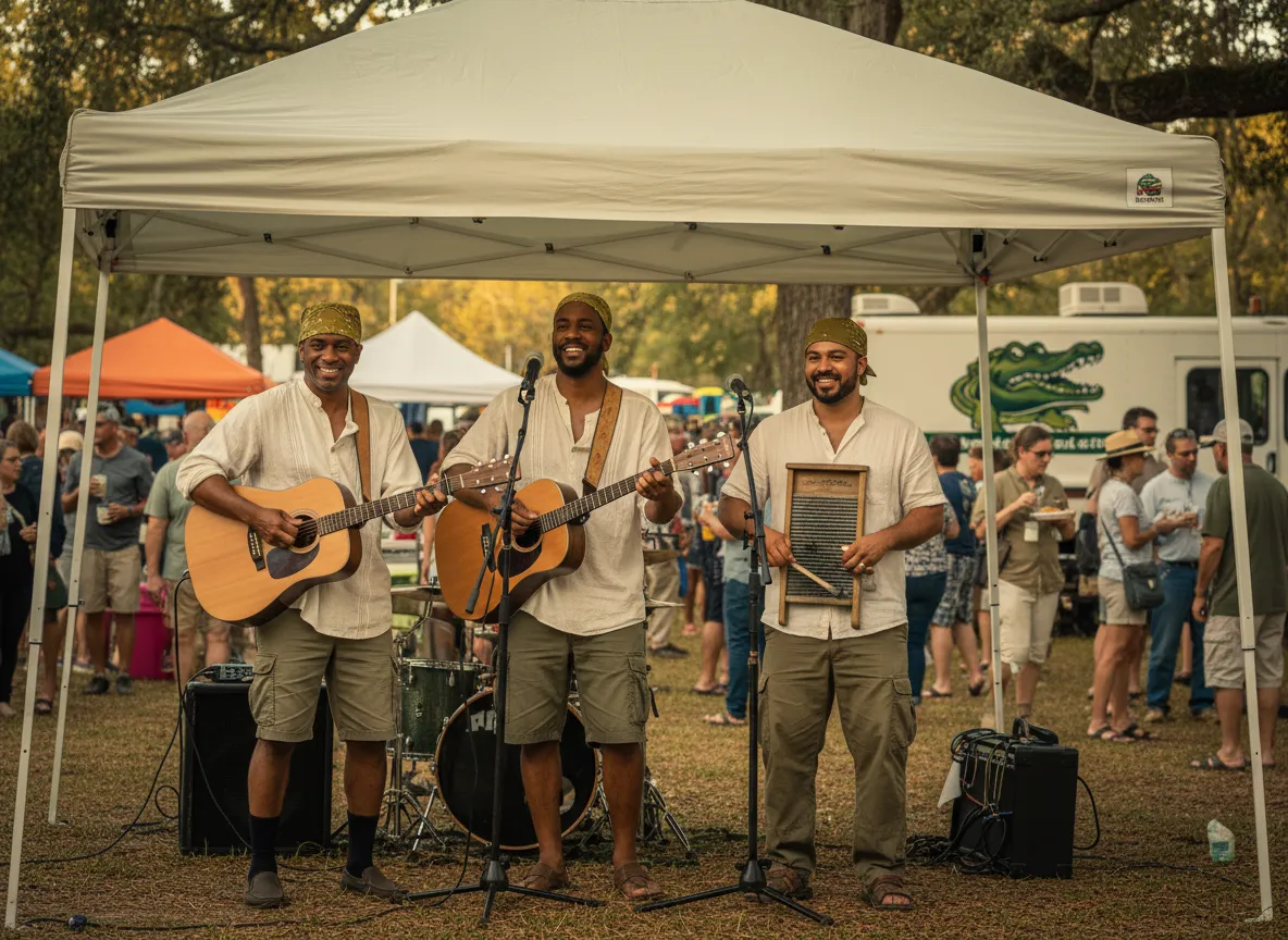 Local band playing instruments outdoors