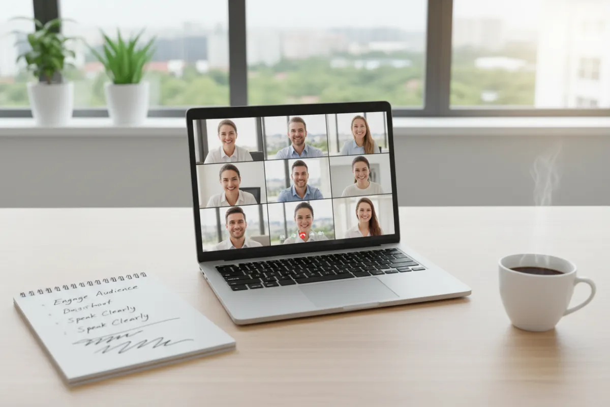 A modern workspace with a laptop displaying a video call, a notepad with handwritten speaking tips, and a cup of coffee. The setting is bright and organized, suggesting productivity and a supportive learning environment for professionals.