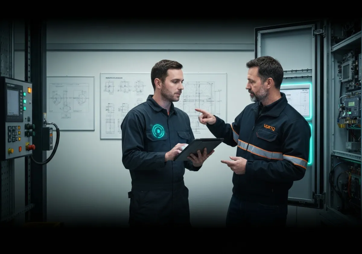Video lesson thumbnail showing a lift control cabinet with wiring and components during a technical inspection