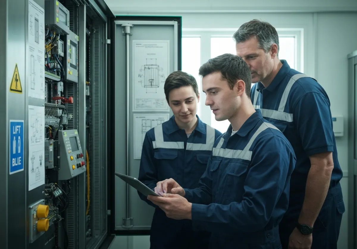 Lift engineering learner using a tablet beside an open lift control cabinet with an experienced tutor providing guidance
