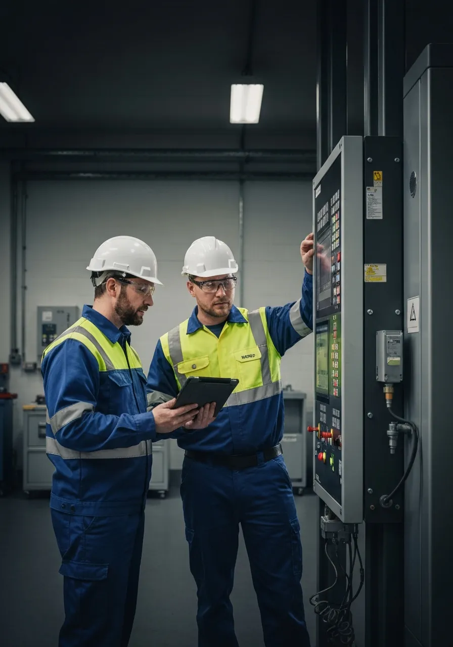 Trainer explaining technical safety procedures to lift engineers at a mechanical control panel