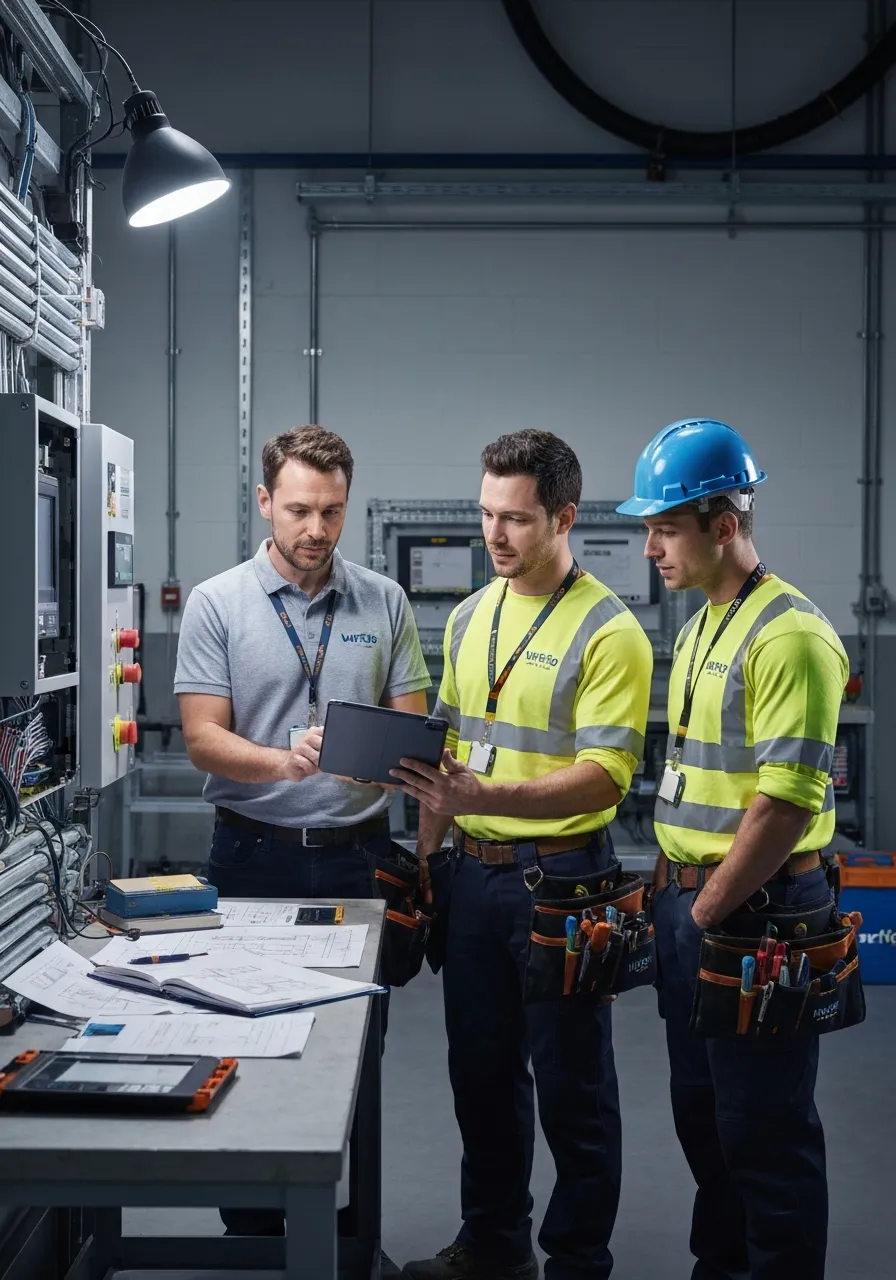 Project manager and engineers reviewing technical lift schematics