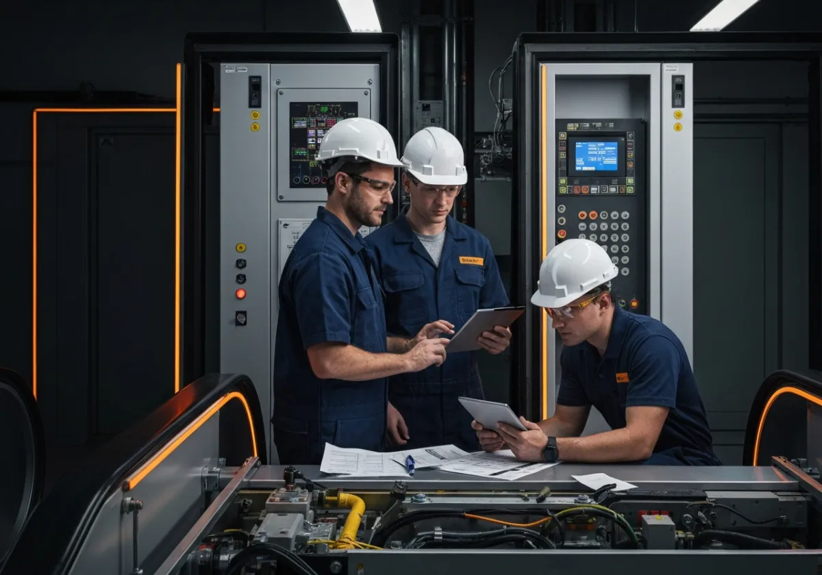 Lift trainer and engineers performing safe isolation checks in a realistic engineering environment.