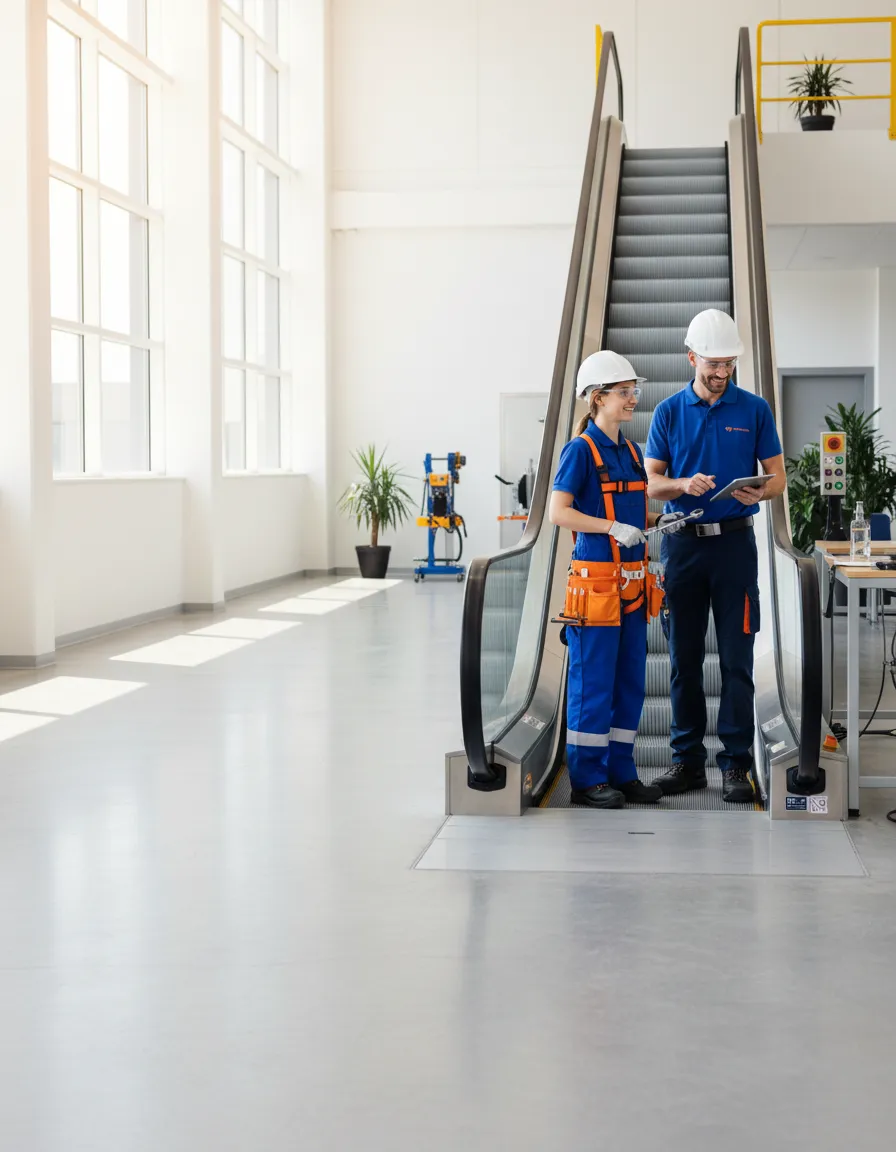 Trainer and learner using digital tools beside escalator equipment