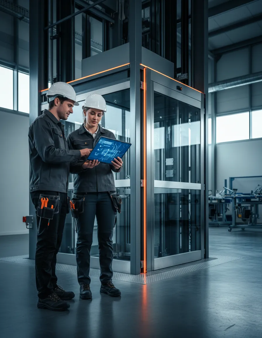 Lift professionals reviewing technical information beside a modern lift installation