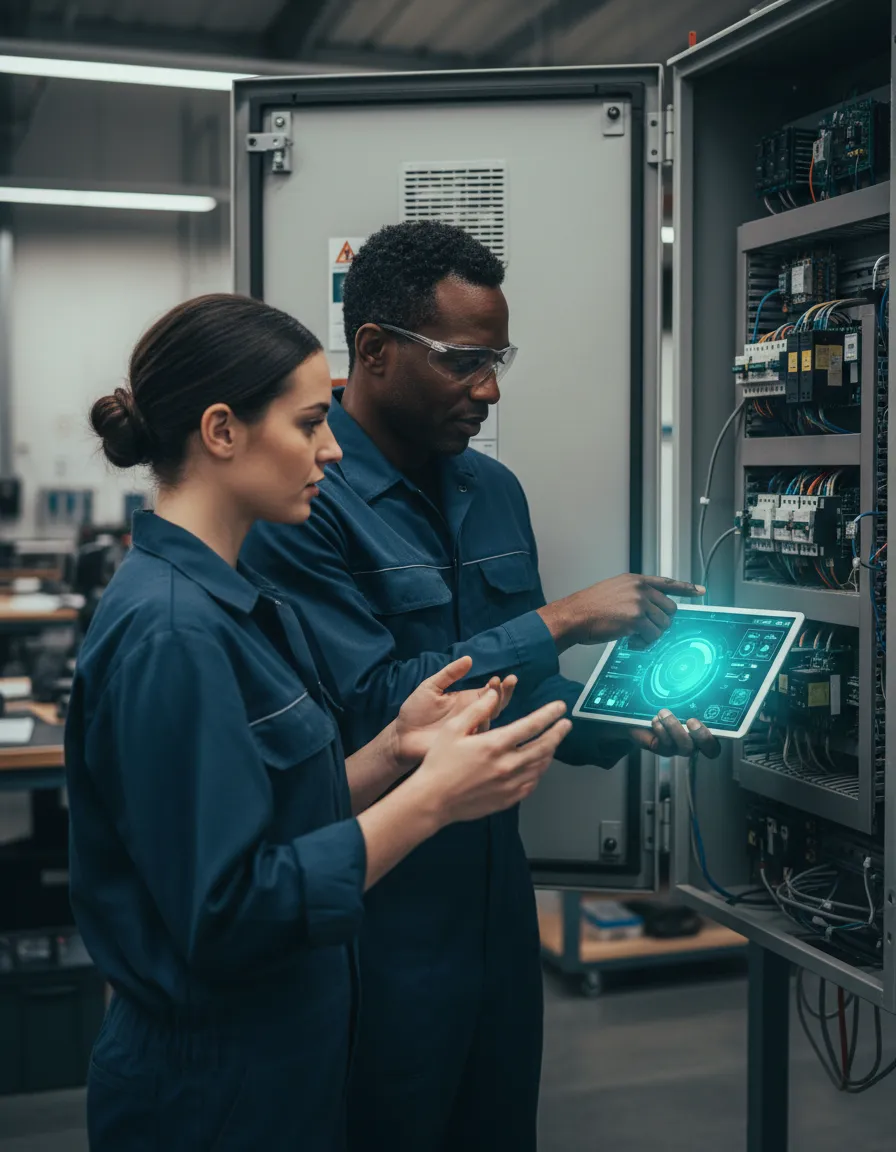 Lift-industry trainer supporting an engineer during LOLER learning.
