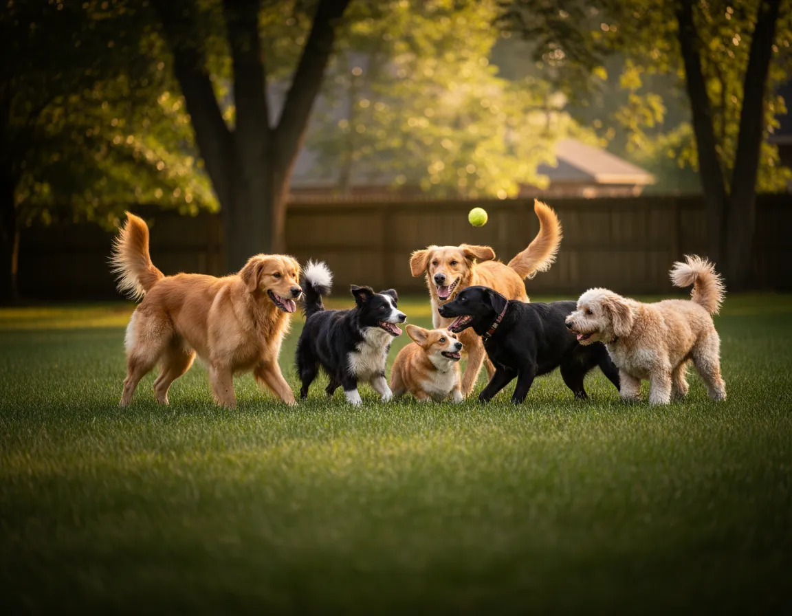 Dogs playing safely on a treated green lawn