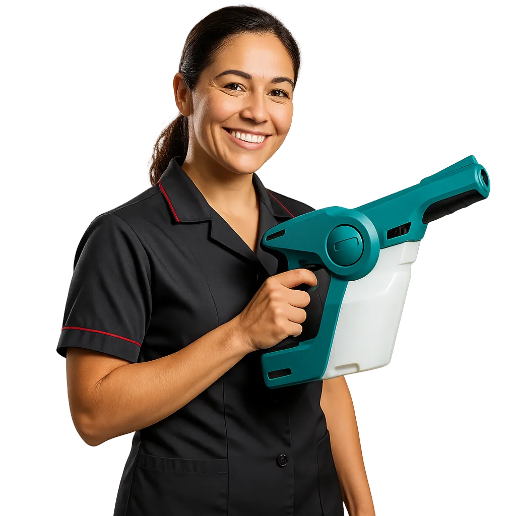 A cinematic, high-energy image of a smiling cleaner in a modern commercial space.