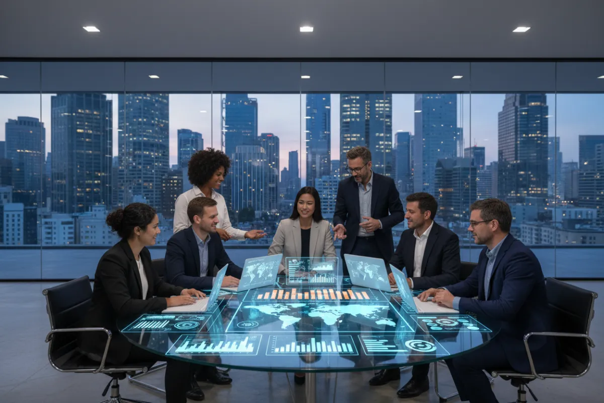 A diverse group of marketing professionals from different continents collaborating around a digital table, with laptops and digital charts, in a modern, glass-walled office. The background features a panoramic cityscape, and the team is engaged in a lively discussion, symbolizing global reach and innovation.