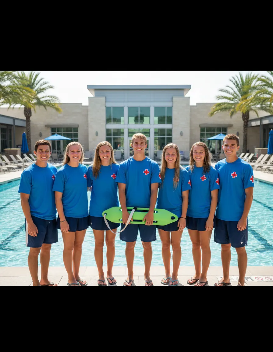 Lifeguards smiling by the pool at The Clubs at River City