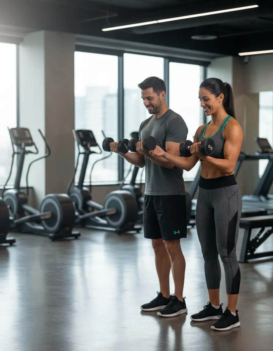 Certified personal trainer coaching a new member in the fitness center
