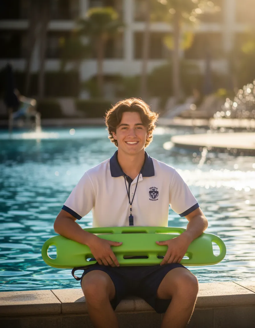 A happy, energetic lifeguard sitting poolside on a sunny day