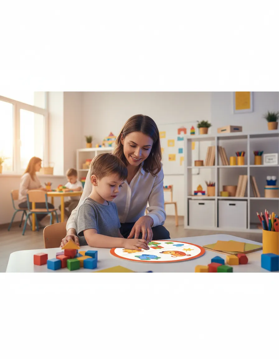 A warm, supportive teacher helping a young child learn English.