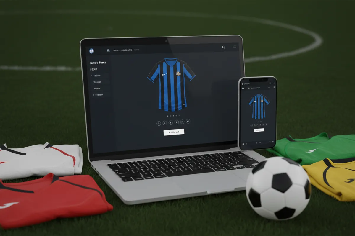 Laptop and mobile mockup showing a soccer jersey product page — online soccer store