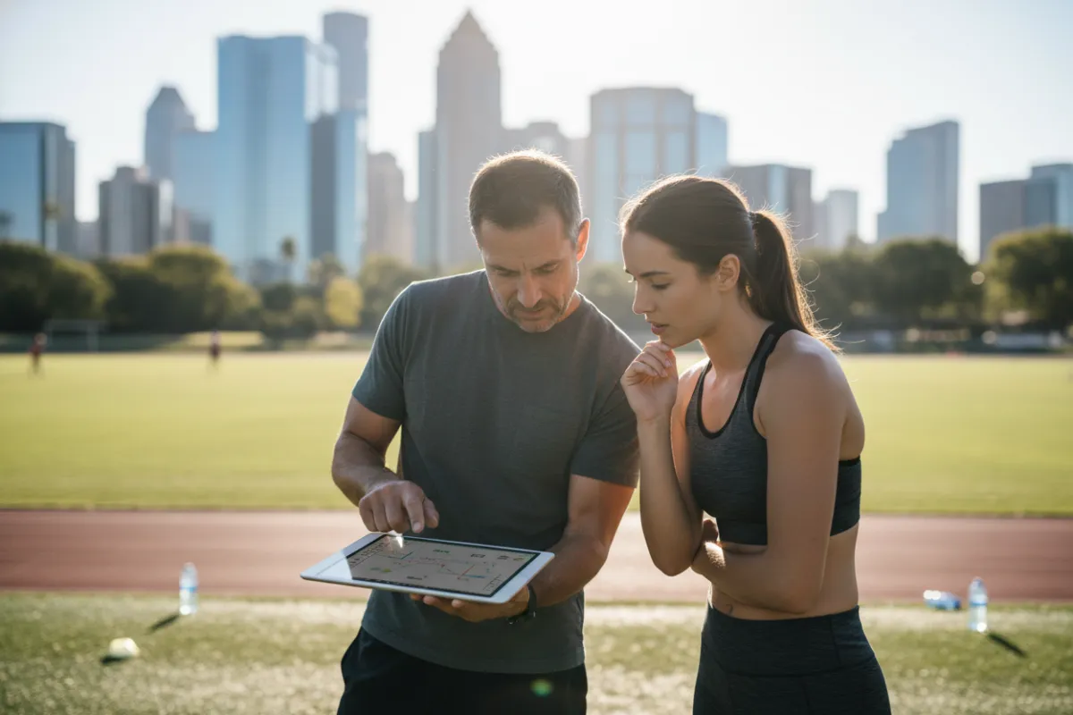 Un athlète en tenue d’entraînement effectue un sprint sur une piste extérieure au lever du soleil, ambiance inspirante.