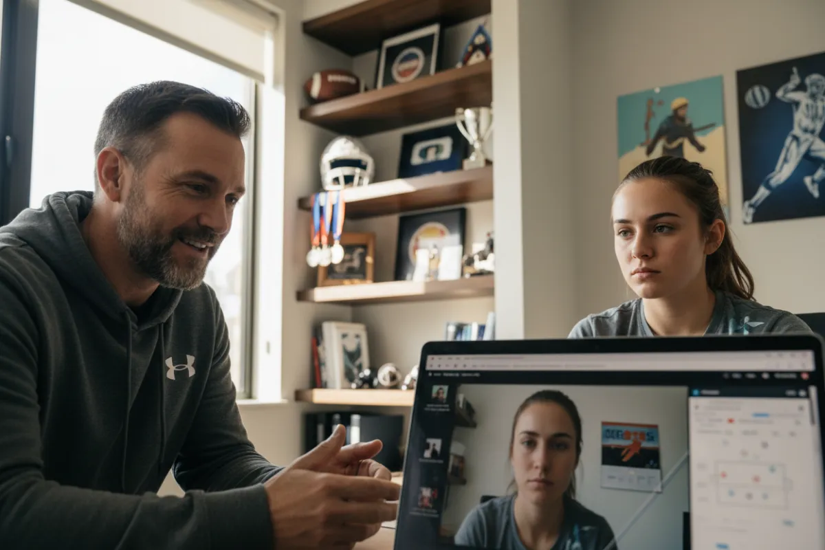 Coach sportif guidant un jeune athlète lors d'un atelier mental, salle lumineuse, ambiance motivante, style illustratif moderne, composition épurée, aspect ratio 3:2
