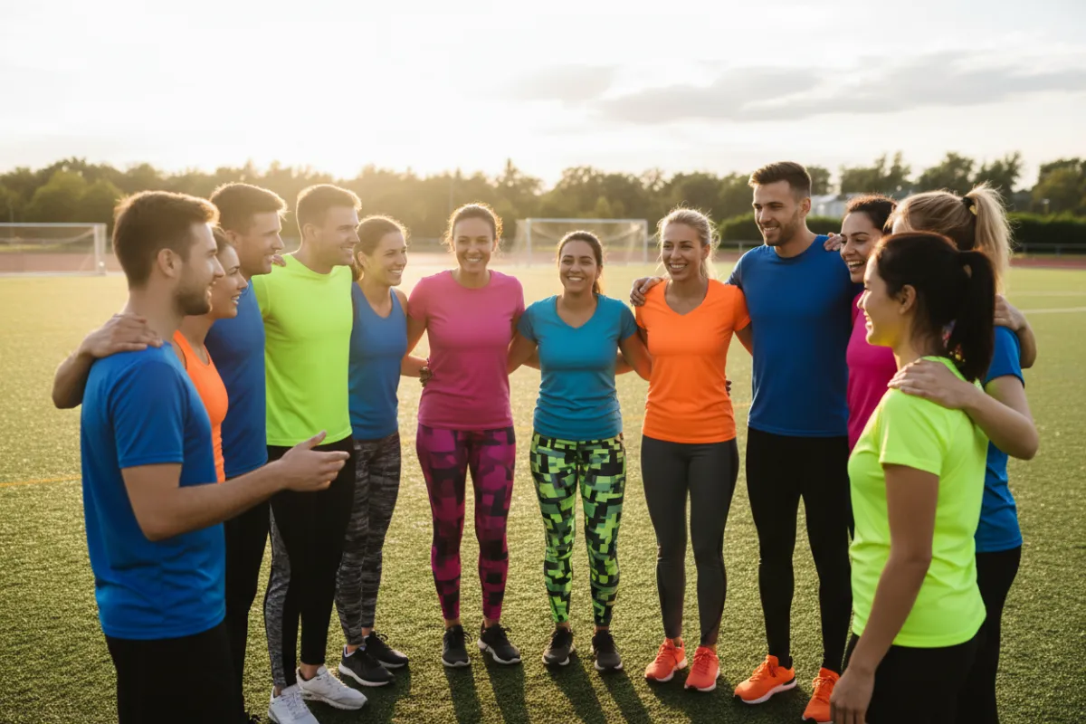 Groupe diversifié de sportifs souriants, réunis en cercle sur un terrain, échangeant des encouragements, tenues colorées, ambiance chaleureuse, style photographique naturel, composition dynamique, lumière douce, aspect ratio 3:2