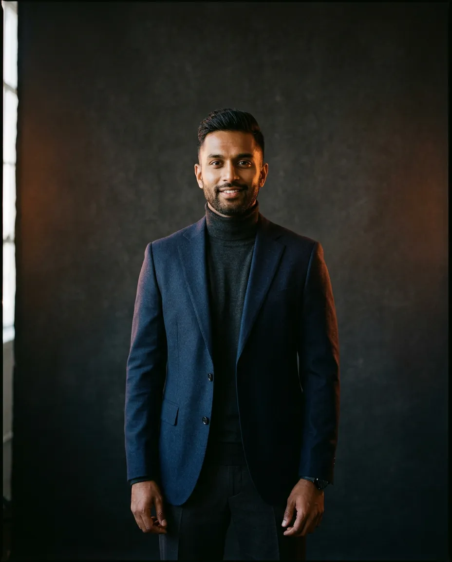 Editorial portrait of Suraj Subedi in natural studio light with minimalist background