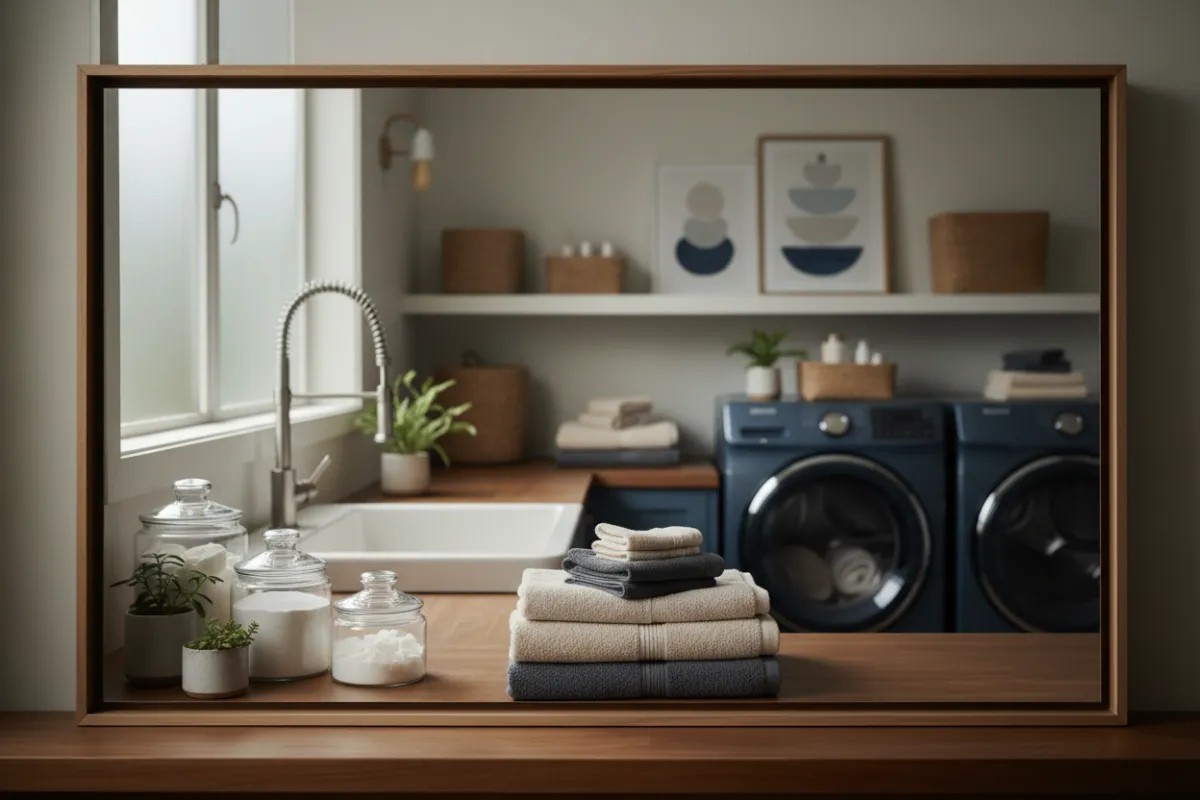A cheerful homeowner using a tablet to book a cleaning service, sitting at a kitchen island with a cup of coffee, while a calendar and checklist are visible on the screen. The setting is modern and welcoming.