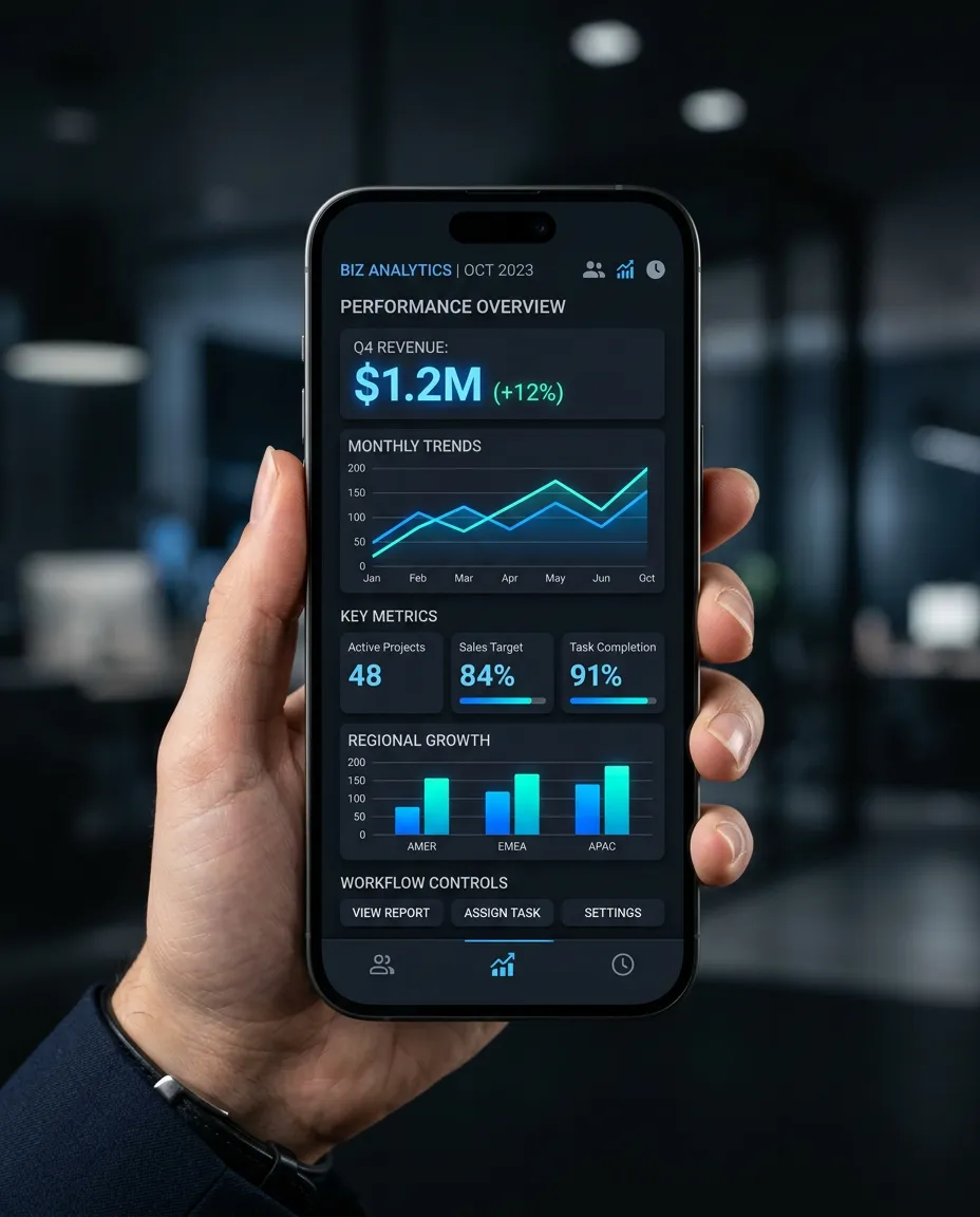Sleek mobile device mockup illustrating a clean real-time operational dashboard with metrics, tracking tools, and custom workflow controls