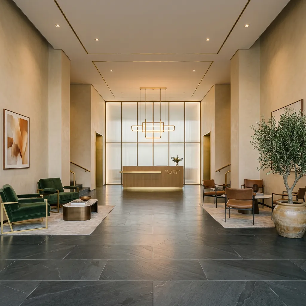 Elegante lobby de condominio residencial en CDMX administrado por Villamora
