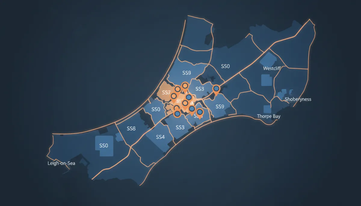 Map of Southend-on-Sea and surrounding Essex areas showing roofing service coverage