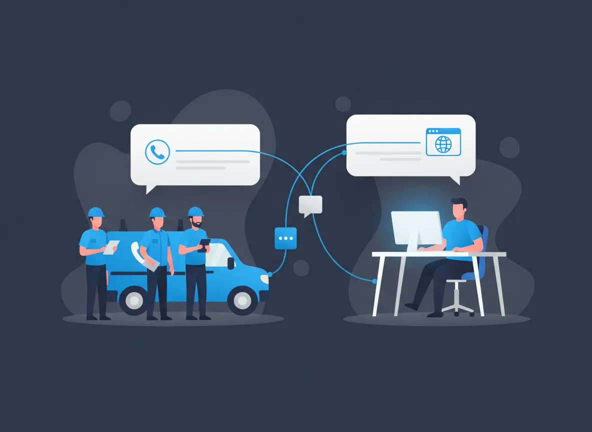 Simple illustration of field team and office connected by a workflow