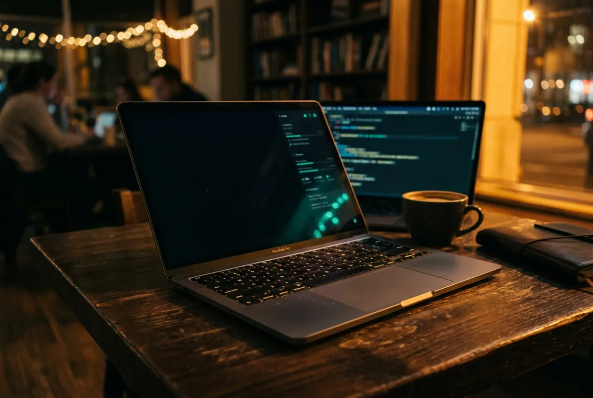 Modern remote sovereign entrepreneur workspace with analytics dashboards