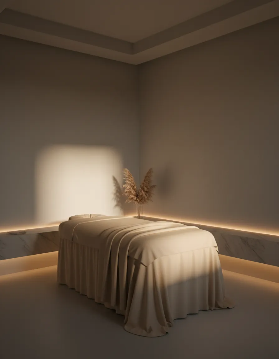 A serene, sunlit corner of the Glow Med Spa treatment room in Beverly Hills, featuring soft linen textures.