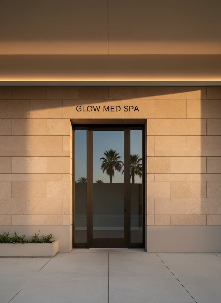 Soft atmospheric view of Glow Med Spa exterior entrance in Beverly Hills