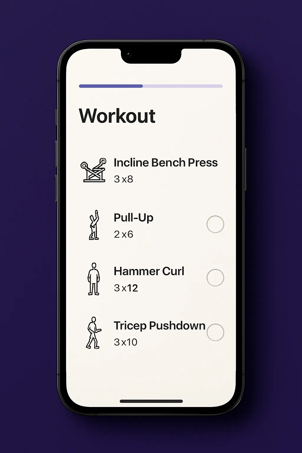 Workout app UI on a phone mock for Fitness pillar