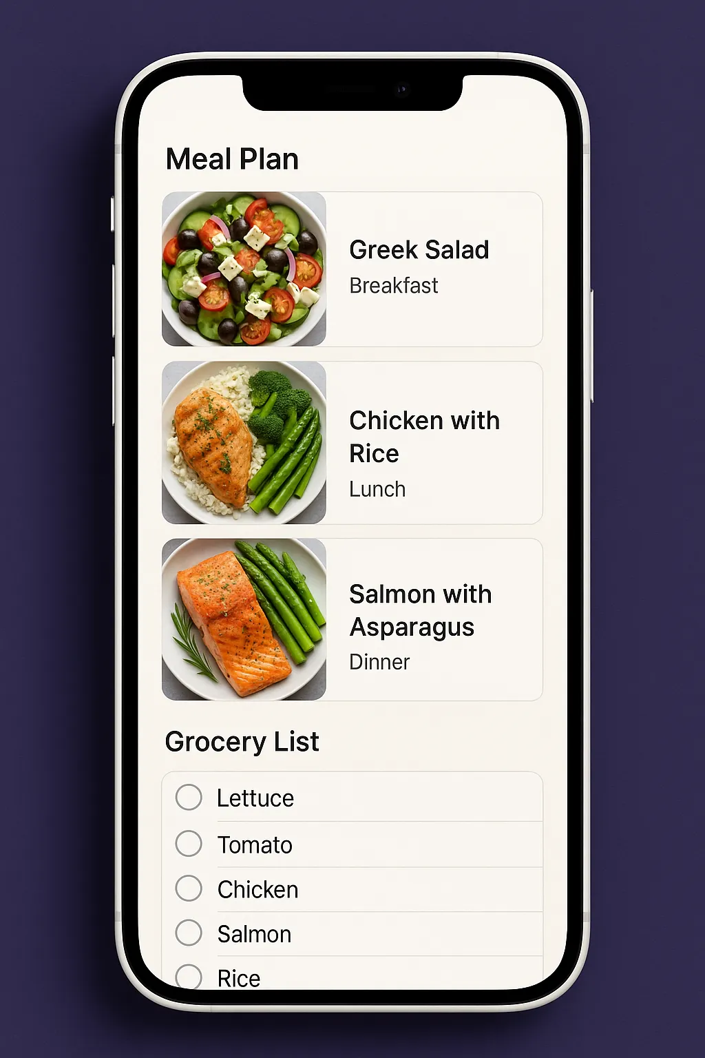 Meal plan and grocery list UI on a phone mock for Nutrition pillar