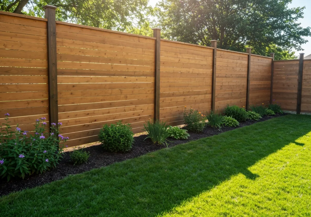 Beautiful newly installed wooden privacy fence in a suburban backyard
