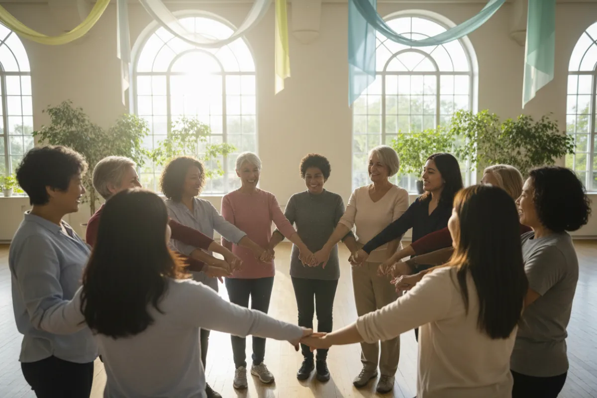 A group of women of various ages and ethnicities, standing in a circle with hands joined in the center, smiling and supporting each other. The setting is a bright, airy community space with natural light and positive energy.
