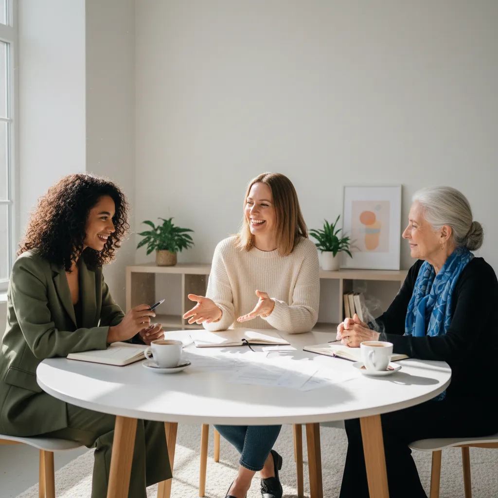 Three women of different ages and backgrounds seated in a bright, modern room, engaged in a friendly interview. Papers and coffee cups on the table, with natural daylight and a welcoming atmosphere.
