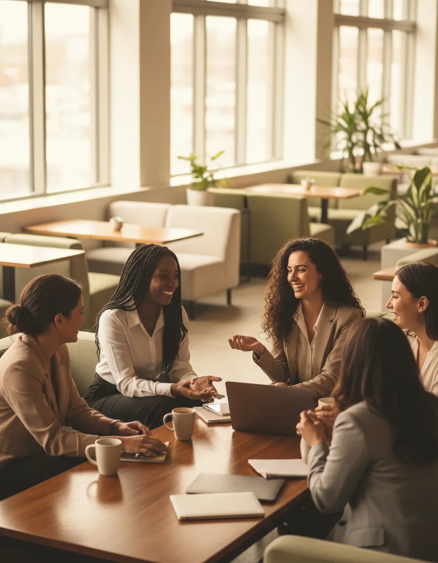 Group of diverse women entrepreneurs networking in a relaxed modern coworking space.