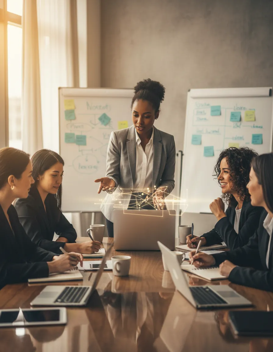 Diverse group of professional women collaborating at a table in a modern workspace, with an African American woman leading the conversation.