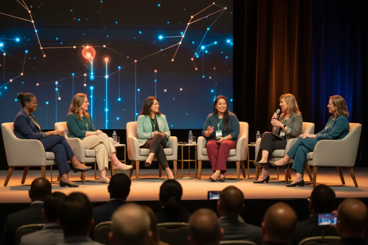 A panel of multicultural women on stage with a moderator and audience members visible, warm lighting conveying a supportive conference atmosphere.
